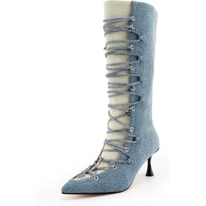 KaroNairy Women Mid Calf Denim Boots Pointed Toe Lace Up Cowboy Boots High Heel Cowgirl Stiletto Thigh Boots blue