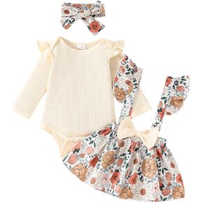 Douhoow Fall Baby Girl Clothes Baby Girl Romper Floral Suspender Dress Skirt with Bow Headband 3Pcs Festival Outfits