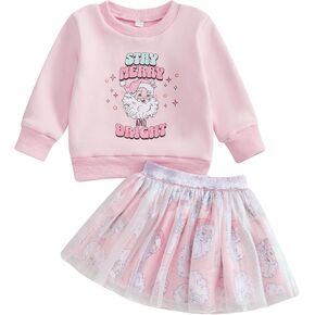 Toddler Kids Baby Girl Christmas Outfits Letter Print Crewneck Sweatshirt Tops Tutu Skirts Set Fall Winter Clothes