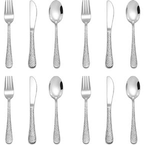E-far 12-Piece Toddler Silverware, Stainless Steel Kids Preschooler Utensils with Adult Look, Hammered Flatware Includes 4 Forks 4 Spoons 4 Knives, Safe for Self Feeding, Non-Toxic & Dishwasher Safe