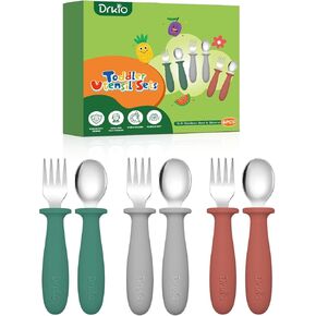 DRKIO 6 Pieces Toddler Utensils Set - Kids Silverware Set with Silicone Handle Children Safe 18/8 Stainless Steel Forks and Spoons Anti-Choke Design Food Grade Dishwasher Safe