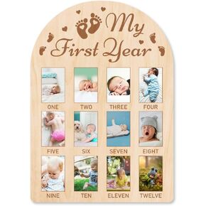 ORIGACH My First Year Photo Display Wood Board, Newborn Baby First Year Photo Frame Milestone Board, 12 Months Baby Picture Frame Footprints 1st Birthday Nursery Decor for Baby Keepsake Gift for Mom