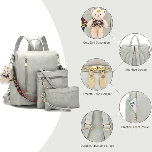 حقيبة ظهر نسائية من Soperwillton مصنوعة من جلد البولي يوريثان ومضادة للسرقة، حقيبة كتف أنيقة للسفر، مجموعة من 3 قطع in Kuwait