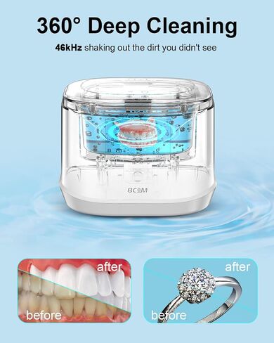 Ultrasonic Jewelry Cleaner, BCOM 46kHz Professional Portable Ultrasonic Retainer Cleaner for Dental Retainer, Mouth Guard, Watch, Ring, Jewelry Cleaner Ultrasonic Machine - Household Use, Black in Saudi Arabia