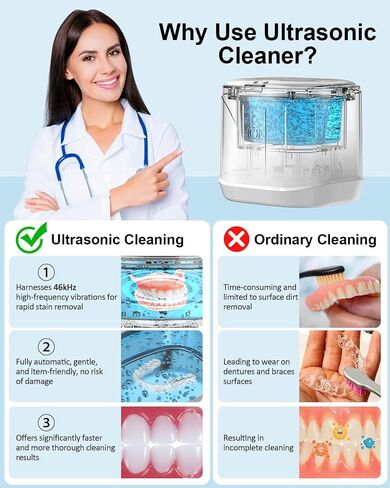 Ultrasonic Jewelry Cleaner, BCOM 46kHz Professional Portable Ultrasonic Retainer Cleaner for Dental Retainer, Mouth Guard, Watch, Ring, Jewelry Cleaner Ultrasonic Machine - Household Use, Black in Saudi Arabia