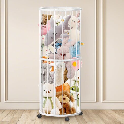 Stuffed Animal Storage, Metal Large Stuffed Animals Zoo, Plush Toy Storage Organizer Shelf for Nursery Playroom Kids Room, Stuffed Animal Holder with 360° Brake Wheels and Elastic Band,Round,WHI in Saudi Arabia