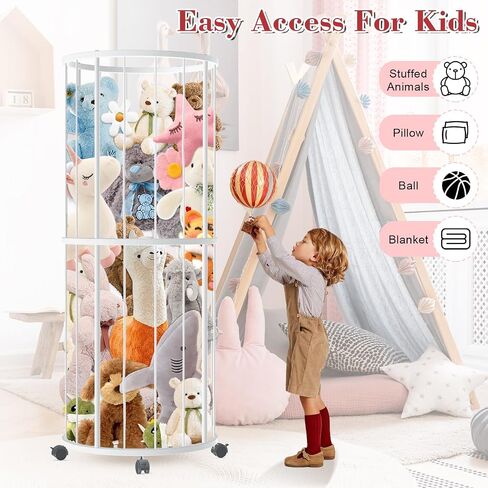 Stuffed Animal Storage, Metal Large Stuffed Animals Zoo, Plush Toy Storage Organizer Shelf for Nursery Playroom Kids Room, Stuffed Animal Holder with 360° Brake Wheels and Elastic Band,Round,WHI in Saudi Arabia