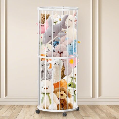 Stuffed Animal Storage, Metal Large Stuffed Animals Zoo, Plush Toy Storage Organizer Shelf for Nursery Playroom Kids Room, Stuffed Animal Holder with 360° Brake Wheels and Elastic Band,Round,WHI in Saudi Arabia
