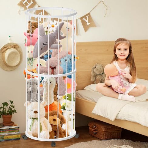 Stuffed Animal Storage, Metal Large Stuffed Animals Zoo, Plush Toy Storage Organizer Shelf for Nursery Playroom Kids Room, Stuffed Animal Holder with 360° Brake Wheels and Elastic Band,Round,WHI in Saudi Arabia