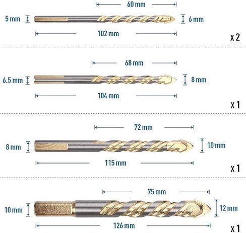 مجموعة رؤوس مثقاب متعددة المواد، 5 قطع من مثقاب البناء ولقم الثقب الملتوية للبلاط والسيراميك والزجاج والبلاستيك والخشب وكتل الرماد، وكربيد التنغستن مع ساق ثلاثية، 1/4 بوصة، 5/16 بوصة، 3/8 بوصة 1/2" in Saudi Arabia
