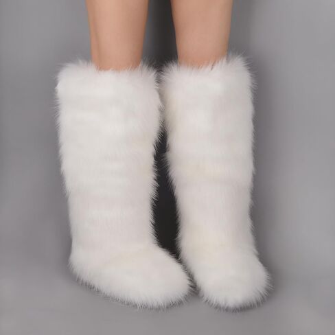 ZSGYCHCY Women's Faux Fur Boots Winter Fluffy Warm Furry Flat Shoes Snow Knee-High Boots in Saudi Arabia