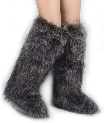 ZSGYCHCY Women's Faux Fur Boots Winter Fluffy Warm Furry Flat Shoes Snow Knee-High Boots in Saudi Arabia