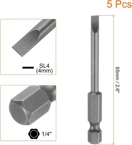 HARFINGTON 5 قطع SL4 رؤوس مفك براغي مشقوقة مغناطيسية 4 مم S2 رأس مفك مسطح من الفولاذ 1/4 بوصة ساق سداسية من الدرجة الصناعية لقم مثقاب 2.6 بوصة طويلة لإزالة براغي التثبيت in Saudi Arabia