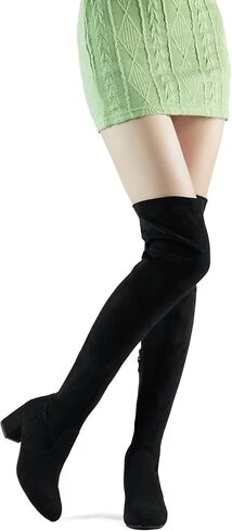 Shoe'N Tale Stretch Suede Thigh High Boots Chunky Heel Over The Knee(7.5,Black) in Saudi Arabia