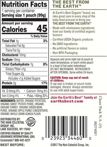 أفضل أغذية الأطفال العضوية من إيرثز بيست، المرحلة 3، تركيا، الكينوا، التفاح، البطاطا الحلوة، 3.5 أوقية. كيس in Kuwait