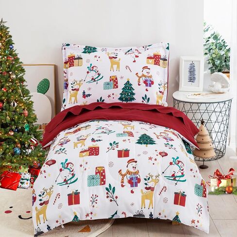 WONGS BEDDING Christmas Comforter Set-Toddler Bedding Set,Snowman Elk Christmas Tree Pattern Toddler Comforter Set for Boys Girls,4 Piece Soft Microfiber Christmas Bed Comforter Set for New Year in Saudi Arabia