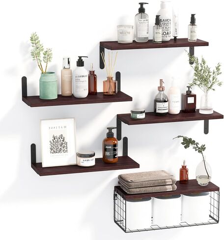 أرفف الحمام العائمة من Fixwal 5+1، أرفف خشبية مثبتة على الحائط فوق المرحاض مع سلة تخزين سلكية، ديكور حائط ريفي لغرفة النوم والمطبخ وغرفة المعيشة (بني داكن) in Kuwait