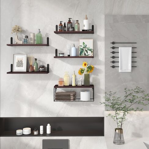 أرفف الحمام العائمة من Fixwal 5+1، أرفف خشبية مثبتة على الحائط فوق المرحاض مع سلة تخزين سلكية، ديكور حائط ريفي لغرفة النوم والمطبخ وغرفة المعيشة (بني داكن) in Kuwait