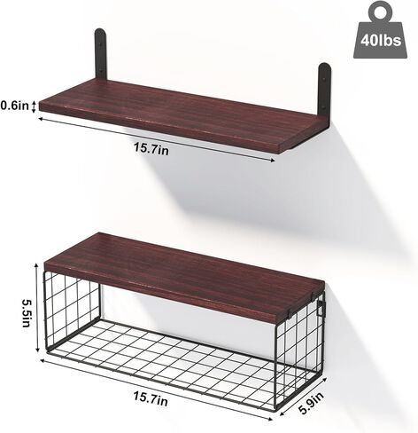 أرفف الحمام العائمة من Fixwal 5+1، أرفف خشبية مثبتة على الحائط فوق المرحاض مع سلة تخزين سلكية، ديكور حائط ريفي لغرفة النوم والمطبخ وغرفة المعيشة (بني داكن) in Kuwait