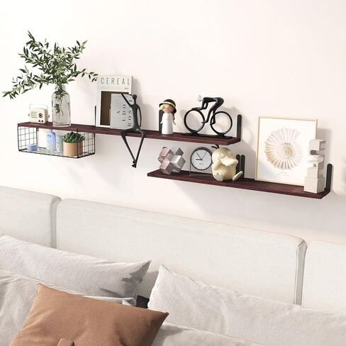 أرفف الحمام العائمة من Fixwal 5+1، أرفف خشبية مثبتة على الحائط فوق المرحاض مع سلة تخزين سلكية، ديكور حائط ريفي لغرفة النوم والمطبخ وغرفة المعيشة (بني داكن) in Kuwait