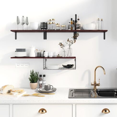 أرفف الحمام العائمة من Fixwal 5+1، أرفف خشبية مثبتة على الحائط فوق المرحاض مع سلة تخزين سلكية، ديكور حائط ريفي لغرفة النوم والمطبخ وغرفة المعيشة (بني داكن) in Kuwait