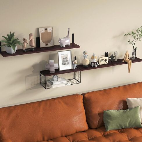 أرفف الحمام العائمة من Fixwal 5+1، أرفف خشبية مثبتة على الحائط فوق المرحاض مع سلة تخزين سلكية، ديكور حائط ريفي لغرفة النوم والمطبخ وغرفة المعيشة (بني داكن) in Kuwait