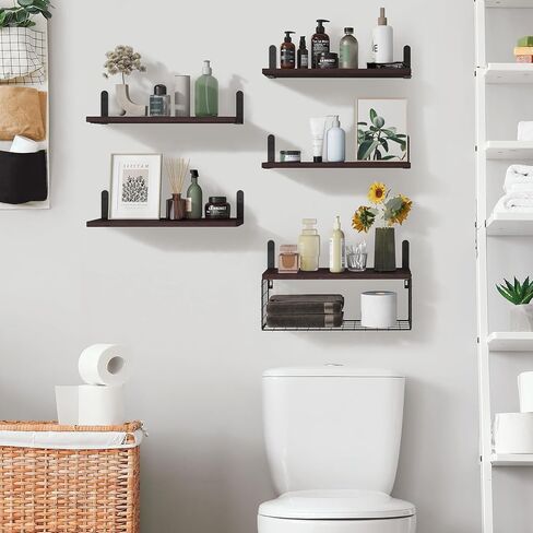 أرفف الحمام العائمة من Fixwal 5+1، أرفف خشبية مثبتة على الحائط فوق المرحاض مع سلة تخزين سلكية، ديكور حائط ريفي لغرفة النوم والمطبخ وغرفة المعيشة (بني داكن) in Kuwait