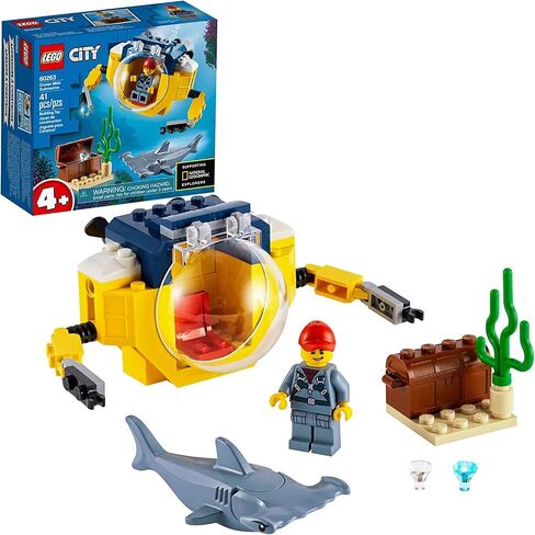 LEGO City Ocean Mini-Submarine 60263, Underwater Playset, Featuring a Toy Submarine, Pirate Treasure Chest, Hammerhead Shark Figure and a Pilot Minifigure, Great Gift for Kids (41 Pieces) in Saudi Arabia