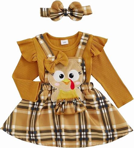 CIYCUIT فستان منقوش بأكمام طويلة للفتيات الصغيرات لعيد الشكر مع تصميم تركي وعصابة رأس متطابقة in Kuwait