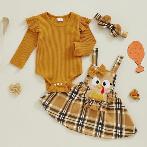 CIYCUIT فستان منقوش بأكمام طويلة للفتيات الصغيرات لعيد الشكر مع تصميم تركي وعصابة رأس متطابقة in Kuwait