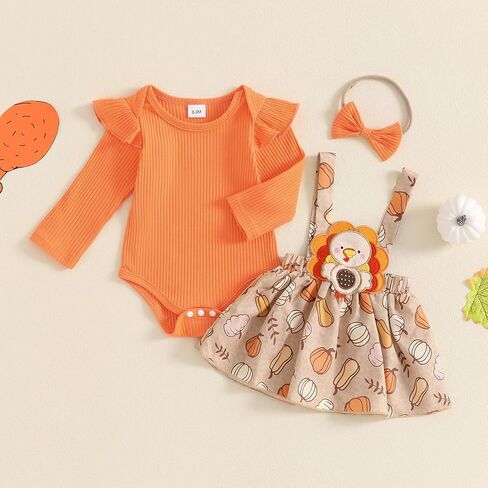 Honganda Newborn Baby Girl Thanksgiving Outfit Long Sleeve Romper Pumpkin Turkey Suspender Skirt Headband Infant Set in Saudi Arabia