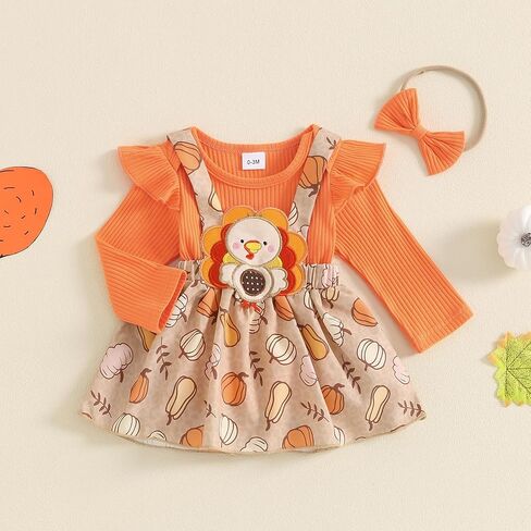 Honganda Newborn Baby Girl Thanksgiving Outfit Long Sleeve Romper Pumpkin Turkey Suspender Skirt Headband Infant Set in Saudi Arabia