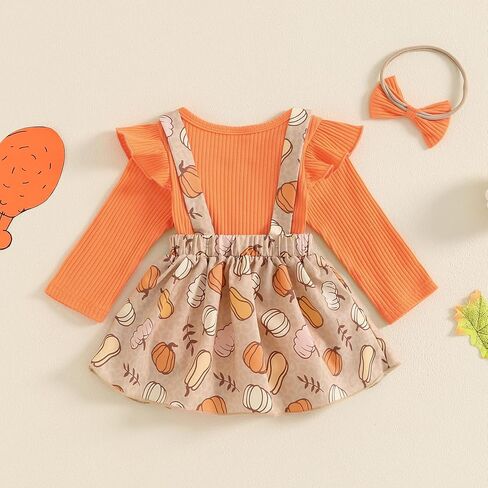 Honganda Newborn Baby Girl Thanksgiving Outfit Long Sleeve Romper Pumpkin Turkey Suspender Skirt Headband Infant Set in Saudi Arabia