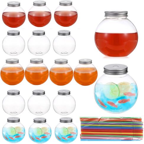 Plastic Fish Bowls for Drink, 18 Packs Ball Shape Clear Drink Bowl with Lid and Straws 16.9 oz Spherical Fish Bowls Cups for Juices Smoothies Candy Party Decorations in Saudi Arabia