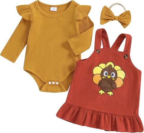 My First Thanksgiving Baby Girl Outfit Long Sleeve Romper Turkey Overall Dress Headband Infant 3Pcs Fall Clothes in Saudi Arabia
