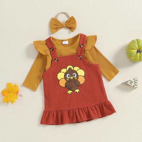 My First Thanksgiving Baby Girl Outfit Long Sleeve Romper Turkey Overall Dress Headband Infant 3Pcs Fall Clothes in Saudi Arabia