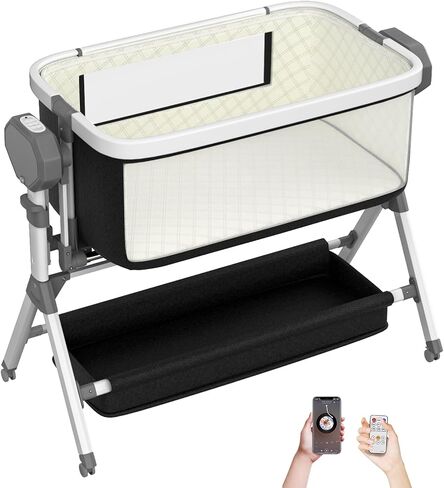 Electric Rocking Bassinet for Baby, Automatic Baby Bedside Bassinet Cribs 3 Height Adjustable, Smart Baby Bassinets Sleeper on Wheels,Remote Control Rocking Baby Cribs for Newborn with 5-Speed Swing in Saudi Arabia