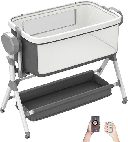 Electric Rocking Bassinet for Baby, Automatic Baby Bedside Bassinet Cribs 3 Height Adjustable, Smart Baby Bassinets Sleeper on Wheels,Remote Control Rocking Baby Cribs for Newborn with 5-Speed Swing in Saudi Arabia
