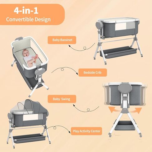Electric Rocking Bassinet for Baby, Automatic Baby Bedside Bassinet Cribs 3 Height Adjustable, Smart Baby Bassinets Sleeper on Wheels,Remote Control Rocking Baby Cribs for Newborn with 5-Speed Swing in Saudi Arabia