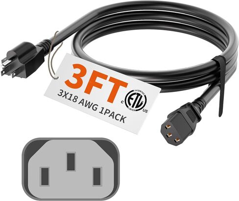 HUANCHAIN 3 FT Power Cord 3 Prong, 18/3 C13 PC Power Cable for Comeputer, Monitor, TVs, Projectors, Desktops, Speakers, NEMA 5-15P to C13 10A 125V 1250W 18AWG, White ETL Listed in Saudi Arabia