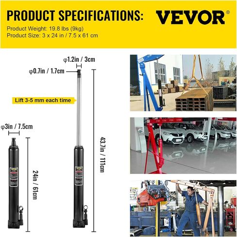 VEVOR Hydraulic/Pneumatic Long Ram Jack, 8 Tons/17363 lbs Capacity, with Single Piston Pump and Clevis Base, Manual Cherry Picker w/Handle, for Garage/Shop Cranes, Engine Lift Hoist, Red in Saudi Arabia