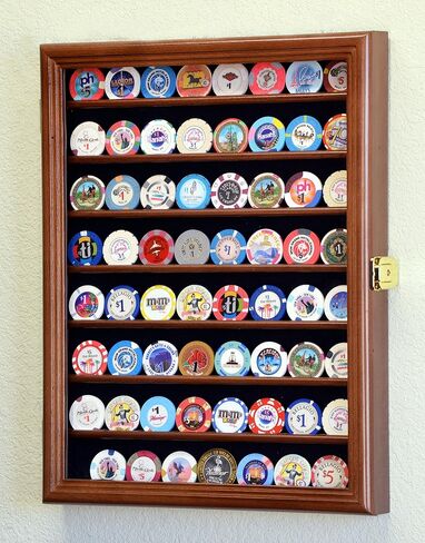 64 Casino Chip Coin Display Case Cabinet Chips Holder Wall Rack 98% UV Lockable -Cherry in Kuwait