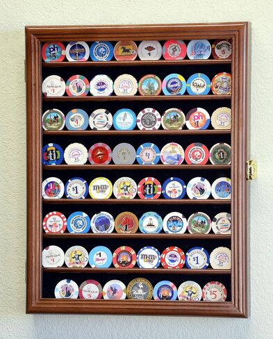 64 Casino Chip Coin Display Case Cabinet Chips Holder Wall Rack 98% UV Lockable -Cherry in Kuwait