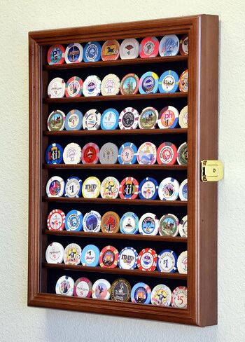 64 Casino Chip Coin Display Case Cabinet Chips Holder Wall Rack 98% UV Lockable -Cherry in Kuwait