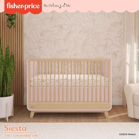 سرير أطفال قابل للتحويل 3 في 1 من Dream On Me Fisher Price Siesta، بلون بلوط وردي عتيق in Kuwait