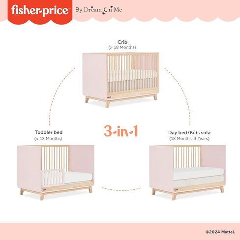 سرير أطفال قابل للتحويل 3 في 1 من Dream On Me Fisher Price Siesta، بلون بلوط وردي عتيق in Kuwait