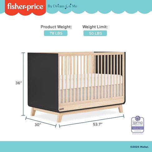 Dream On Me Fisher Price Siesta 3-in-1 Convertible Crib, Blush Pink Vintage Oak in Saudi Arabia