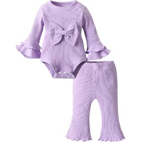 Baby Girl Clothes Infant 2Pcs Flared Sleeve Knit Ribbed Bow Romper Tops and Bell Bottom Pants Outfits Set