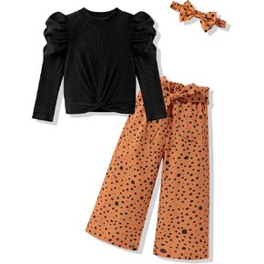 Girls Clothes Round Neck Puff Sleeves Twist Tops Flower Printed Straight Leg Pants Girls Clothing Sets 4-11 Years