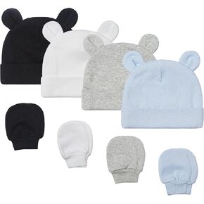 Baby Girl Boy Cotton Cute Beanie Hat 0~6Months Double Layer Fabric 8PCS Infant Bear Ears Cap Anti-Scratch Gloves